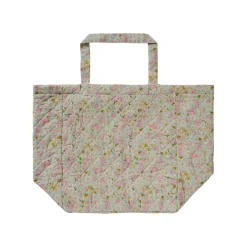 Quiltet taske - støvblå m. rosa og grønne blomster