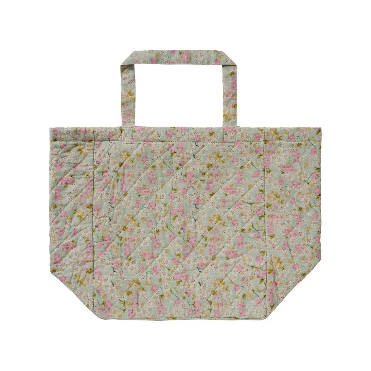 Quiltet taske - støvblå m. rosa og grønne blomster