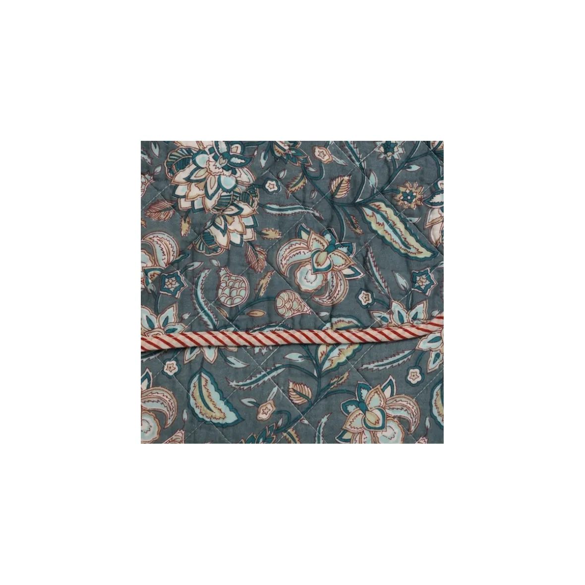 Quilt tæppe - Blå blomst m. rødstribet kant
